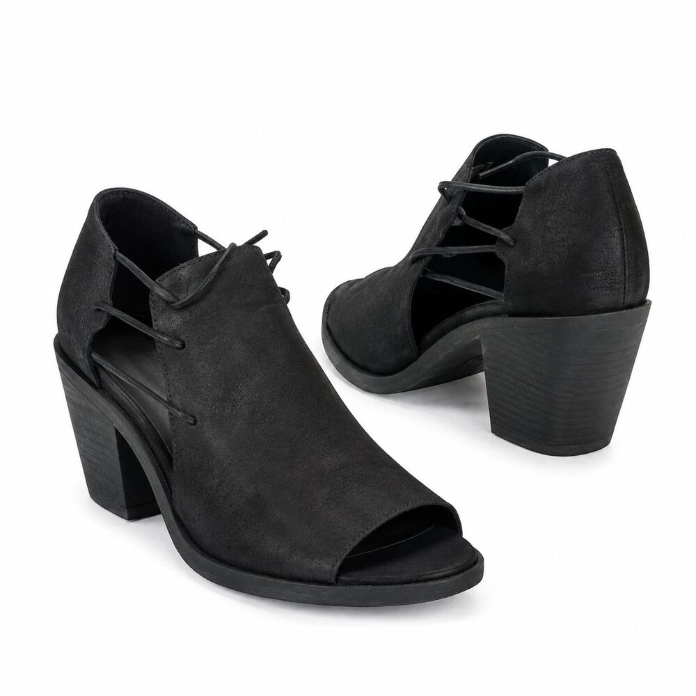 Eileen Fisher Nikki Open Toe Ankle Peep-Toe Heels Size 9 Black Nubuck Leather